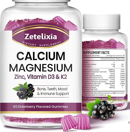 Zetelixia - Gomas de Cálcio para Mulheres e Homens, Cálcio Magnésio Zinco com Vitamina D3