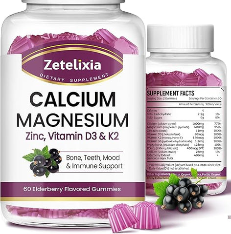 Zetelixia - Gomas de Cálcio para Mulheres e Homens, Cálcio Magnésio Zinco com Vitamina D3