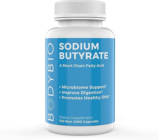 Suplemento BodyBio Gut Health 100 Cápsulas – Sódio de Butirato | O Melhor Pós-biótico | Sem Inchaço | Sem Gases | Ótima Digestão | Suporte para Saúde Digestiva | Reparo do Intestino Permeável | Sem