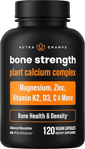 NutraChamps - Suplemento de Força Óssea | Cálcio Vegetal 600mg | Vitamina D3 2000 UI, K2, Magnésio, Potássio, Zinco, Boro