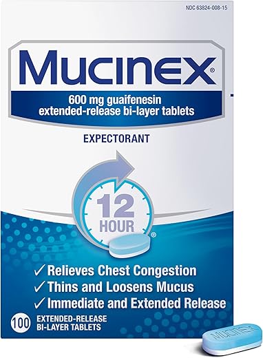 12 Horas 600 mg Guaifenesina Comprimidos de Liberação Prolongada para Alívio do Muco Excessivo, Auxilia na Remoção do Muco Excessivo, Alívio da Congestão Torácica, 100 Comprimidos Bi-Camada - Mucinex