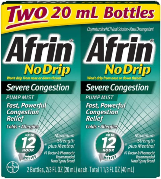 No Drip Alívio de Congestão Nasal Severa por 12 Horas Frasco Descongestionante Nasal, 19,8 ml (Pack com 2) - Afrin