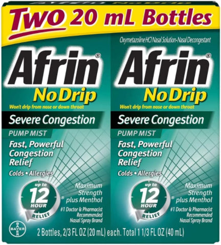 No Drip Alívio de Congestão Nasal Severa por 12 Horas Frasco Descongestionante Nasal, 19,8 ml (Pack com 2) - Afrin