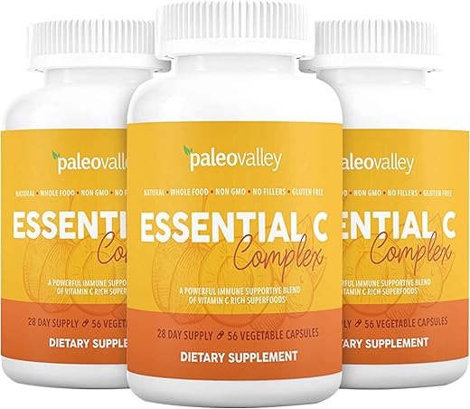 Essential C Complex – Complexo de Vitamina C para Suporte Imunológico – 3 Pacotes, 450mg – De Superfoods Orgânicos Acerola, Camu Camu e Amla – Sem Sintéticos - Paleovalley