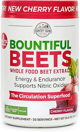 Bountiful Beets: Extrato de Beterraba Integral, Superfood para Apoiar a Circulação Saudável e Promover Energia, Estimulante de Óxido Nítrico, Sabor de Cereja, 30 Porções - COUNTRY FARMS
