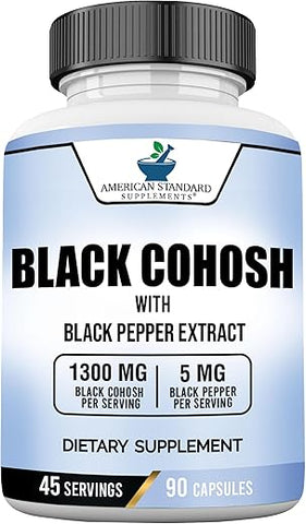 Black Cohosh 1300mg com Extrato de Pimenta Preta – Vegano, Sem Glúten, Não-OGM, 90 Cápsulas, 45 Porções - American Standard Supplements