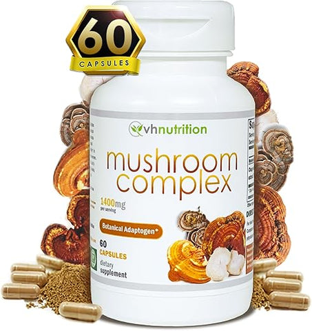 Suplemento de Cogumelo | Complexo de Cogumelos para Suporte Vitalidade* 1400mg | Fórmula Adaptogênica Inclui: Leão da Montanha, Chaga, Reishi, Extratos | 60 Cápsulas - VH Nutrition