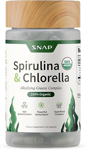 Spirulina Chlorella Orgânica USDA – Cápsulas de Superfoods Verdes para Energia Natural e Saúde Metabólica, 120 Cápsulas - Snap Supplements