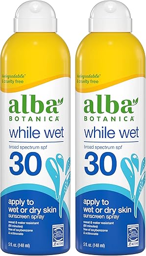 Protetor Solar Alba Botanica para Rosto e Corpo, Spray Protetor Solar Enquanto Molhado, FPS 30 de Amplo Espectro, Resistente à Água para Pele Molhada e Seca, Frasco de 150 ml (Pack com 2 unidades)