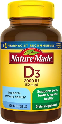 Vitamina D3 2000 UI (50 mcg), Suporte para Saúde Óssea, Dental, Muscular e Imunológica, 250 Softgels, Suprimento de 250 Dias - Nature Made