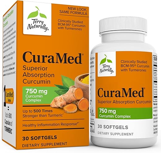 CuraMed 750 mg Complexo de Curcumina – 30 Softgels – Absorção Superior BCM-95 – Não-OGM, Sem Glúten, Halal – 30 Porções - Terry Naturally