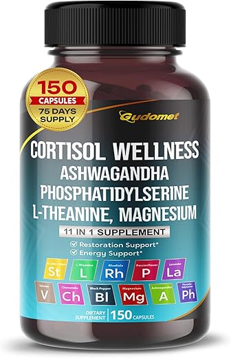 GUDOMET - CORTISOL WELLNESS – Magnésio Ashwagandha L-Teanina Fosfatidilserina Rhodiola Rosea Passiflora Lavanda Camomila – 150 Cápsulas – Fabricado nos EUA