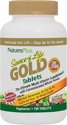 Natures Plus - Source of Life Gold Multivitamínico – 180 Comprimidos – Suporte Sanguíneo, Suporte Ósseo, Sistema Imunológico Saudável – Inclui Vitaminas D3, B12, K2