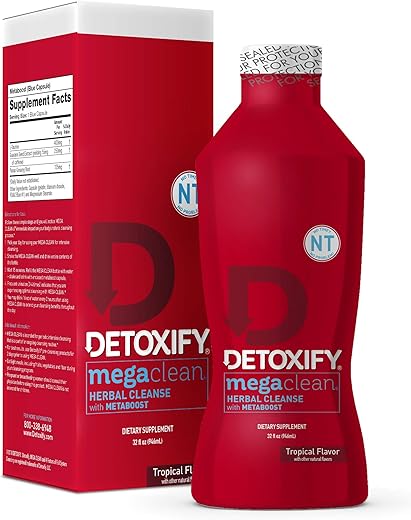 Mega Clean NT Herbal Cleanse Tropical 32 oz (946 ml) – Bebida Detox Herbal Profissionalmente Formulada – Reforçada com MetaBoost Eliminando a Necessidade de Pré-Limpeza – Mais Adesivo - Detoxify