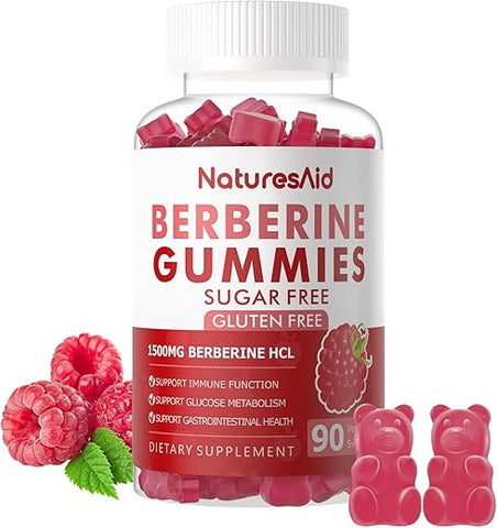 Natures Aid - Berberine Gummies com Canela do Ceilão 1500mg Alta Potência Suplemento de Berberina HCL para Suporte Imunológico e Metabolismo, Gummies de Berberina Orgânicos Sem Açúcar Sabor Framboesa