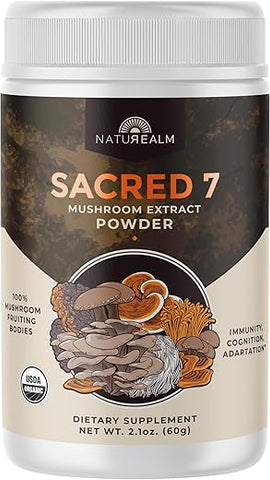 Pó de Extrato de 7 Cogumelos Sagrados – Cabeça de Leão, Cordyceps, Reishi, Cauda de Peru, Chaga, Maitake e Shiitake – 100% Corpos Frutíferos, 60g - Naturealm