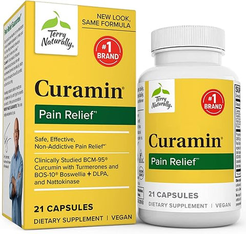 Curamin – 21 Cápsulas (Tamanho Viagem) – Alívio Não-Viciante da Dor com Curcumina de Cúrcuma, Boswellia - Terry Naturally