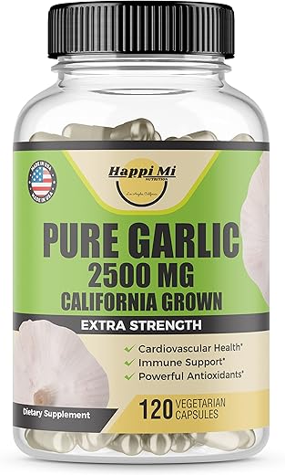 Happi Mi Nutrition - Cápsulas de Alho 2500mg – Feitas com Bulbos de Alho Orgânico, Cultivados na Califórnia EUA – Suporte Natural ao Sistema Imunológico, Suprimento para 40 Dias