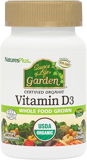 Source of Life Garden – Vitamina D3 Orgânica Certificada 5000 UI, 60 Cápsulas Veganas – Suplemento à Base de Alimentos Integrais – Vegetariano, Sem Glúten – 30 - Natures Plus