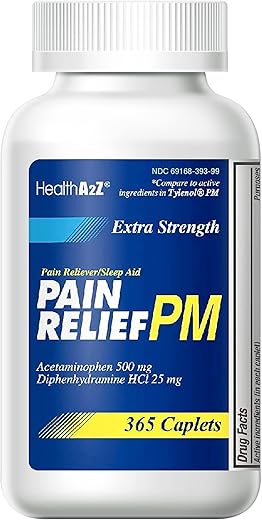 Alívio Extra Forte da Dor PM | Acetaminofeno 500mg | Difenidramina 25mg | Analgésico | Comprimidos | 30 unidades - HealthA2Z