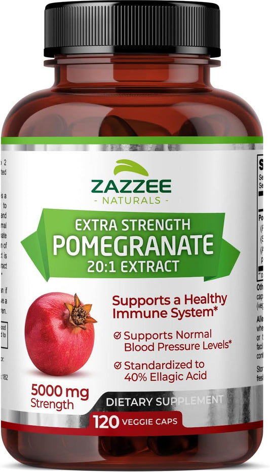 Extrato de Romã 20:1 Extra Forte, 5000 mg de Potência, 40%% Ácido Elágico, 120 Cápsulas Veganas, Suprimento de 4 Meses, Padronizado, Extrato Concentrado 20X, 100%% Vegetariano - Zazzee