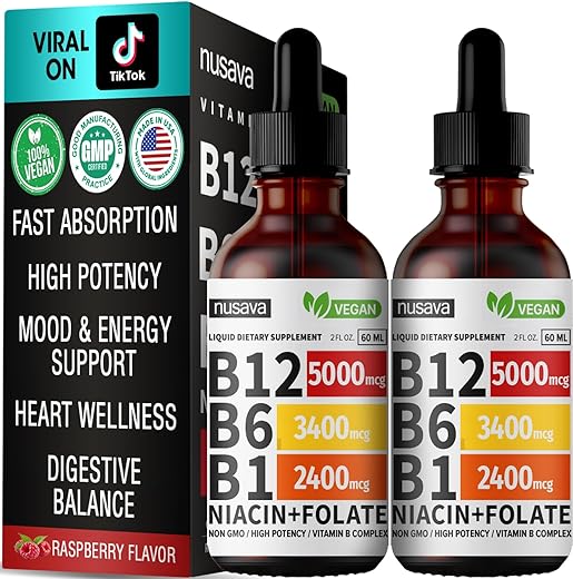 NUSAVA - (2 Pacotes) Gotas Líquidas de Vitamina B12, B12 Sublingual 5000 mcg, Complexo de Vitamina B com Vitamina B6, B12 Methylcobalamin Líquida Suporta Energia, Cérebro