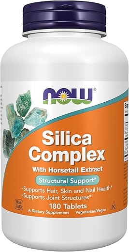Suplementos, Complexo de Sílica com Extrato de Cavalinha, Suporte para Cabelo, Pele e Unhas*, Suporte Estrutural*, 180 Comprimidos - NOW Foods