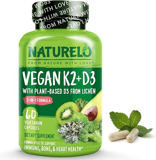 Vegan K2 D3 – D3 Vegetal de Líquen – Suplemento Natural para Sistema Imunológico, Suporte Ósseo, Saúde das Articulações – Alimento Integral – Vegano – Não-OGM – Sem Glúten, Cápsula (60…) - NATURELO