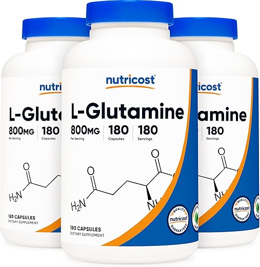 L-Glutamina 800mg, 180 Cápsulas (3 Frascos) – Aumente sua performance com o poder da L-Glutamina - Nutricost