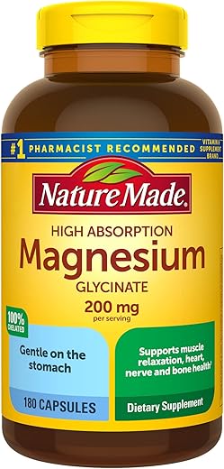 Magnesium Glycinate 200 mg – Suporte Muscular, Cardíaco, Nervoso e Ósseo – 180 Cápsulas de Magnésio Bisglicinato – Fornecimento de 90 Dias - Nature Made