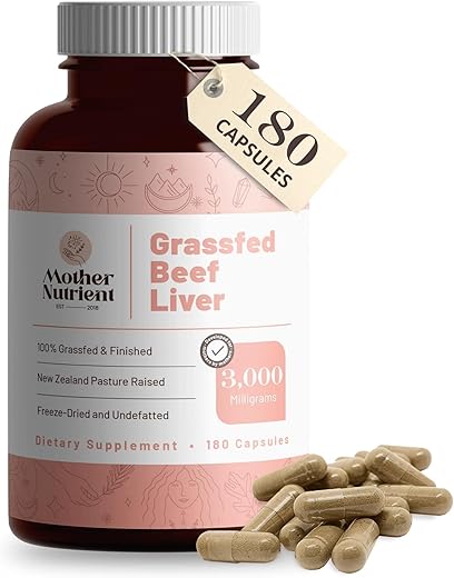 Cápsulas de Fígado Bovino 100% Alimentado com Grama, proveniente de Gado Criado em Pasto na Nova Zelândia — Vitaminas A e B12 com Ferro, Proteína e Mais — Suprimento de 45 Dias (180 Cápsulas) - Mother Nutrient