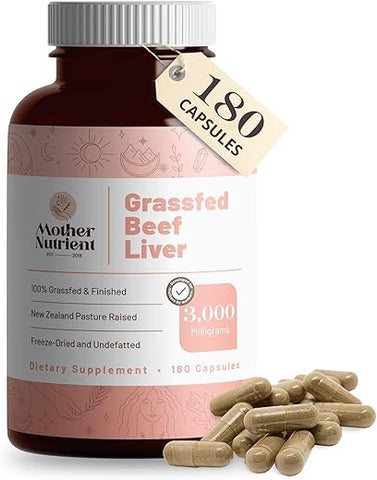 Cápsulas de Fígado Bovino 100% Alimentado com Grama, proveniente de Gado Criado em Pasto na Nova Zelândia — Vitaminas A e B12 com Ferro, Proteína e Mais — Suprimento de 45 Dias (180 Cápsulas) - Mother Nutrient
