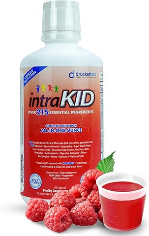 intraKID - DRUCKER Labs 2.0 – Minerais Traços Líquidos Orgânicos, Multivitamínico Líquido para Crianças, Suporte Imunológico, Sem OGM, Sem Laticínios, Sem Glúten, Magnésio, Vitamina D, C, E, Zinco (32 oz., Saboroso…)