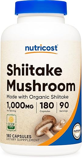Cápsulas de Shiitake Orgânico 1000mg, 90 Porções – Certificado CCOF, Orgânico, Vegetariano, Sem Glúten, 500mg por Cápsula, 180 Cápsulas - Nutricost
