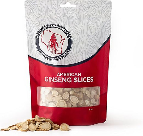 Dairyland Management LLC - Fatias de Ginseng Americano Dairyland – Embalagem de 227g – Fatias de Raiz de Ginseng Americano Autêntico – Sem OGM, Sem Glúten – Use Este Suplemento Herbal em