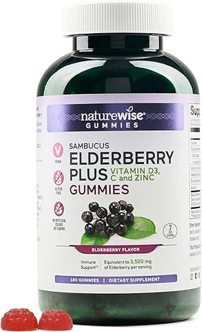 Gomas de Sabugueiro com Vitamina C D3 Zinco – Equivalente a 3.250mg de Sabugueiros Sambucus Premium – Suporte Imunológico para Crianças - NatureWise