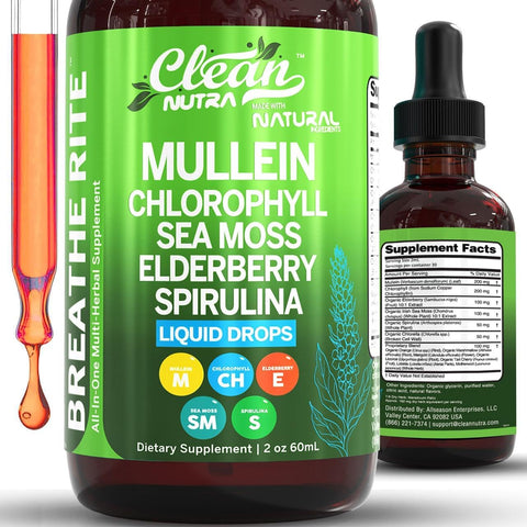 Clean Nutraceuticals - Gotas Líquidas de Mullein Orgânico com Clorofila para Desintoxicação Pulmonar + Irish Sea Moss, Spirulina, Alcaçuz, Cereja Azeda, Lobélia, Cardo-Mariano e Sabugueiro para a Saúde de Homens e Mulheres
