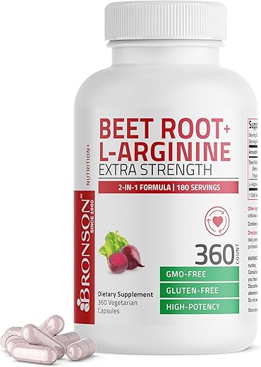 Beet Root L-Arginine 2000 MG – Produção de Óxido Nítrico – 360 Cápsulas Vegetarianas – Não-OGM - Bronson