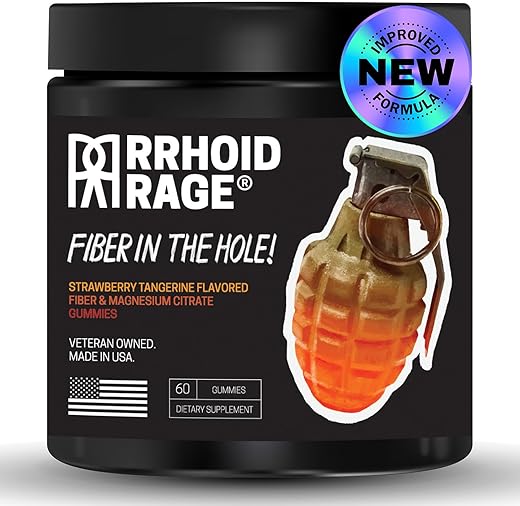 Rrhoid Rage - Gomas de Fibra e Magnésio, Fabricadas nos EUA, Apoiam a Saúde Digestiva, Aliviam a Prisão de Ventre, Auxiliam na Prevenção de Hemorroidas, Contêm Fibra Solúvel e Insolúvel, 60 un (1)