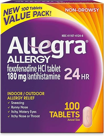 24HR – Comprimidos Antialérgicos para Adultos, 100 Unidades, Alívio de Alergias por 24 Horas, 180 mg - Allegra