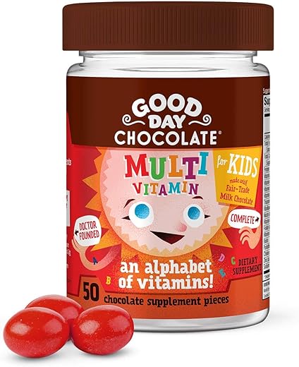 Multivitamínico Completo para Crianças, Vitaminas A, B6, B12, C, D, E, Ácido Fólico e Biotina, Chocolate de Comércio Justo e Não-OGM, 50 Peças - Good Day Chocolate
