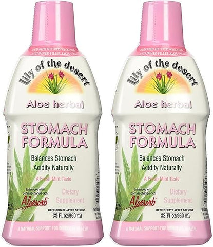 Fórmula Estômago, Suco de Aloe Vera Orgânico com Ulmus Rubra, Camomila, Hortelã-Pimenta e Gengibre para Saúde Digestiva, Alívio de Refluxo Ácido e Azia, 32 ml (Pack de 2) - Lily Of The Desert