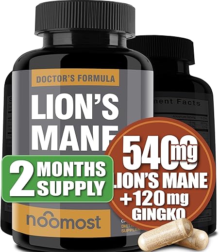 NooMost - Suplemento de Cogumelo do Leão Orgânico em Cápsulas 5400mg, Ginkgo Biloba 120mg – Vegan Lion Mane para Função Cognitiva, Clareza Mental, Foco