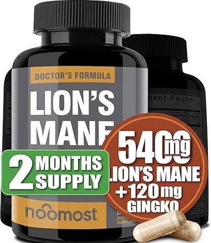NooMost - Suplemento de Cogumelo do Leão Orgânico em Cápsulas 5400mg, Ginkgo Biloba 120mg – Vegan Lion Mane para Função Cognitiva, Clareza Mental, Foco