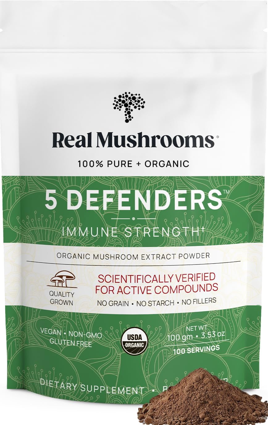 5 Defenders em Pó – Extrato de Cogumelo Orgânico com Chaga, Shiitake, Maitake, Turkey Tail | 100g - Real Mushrooms