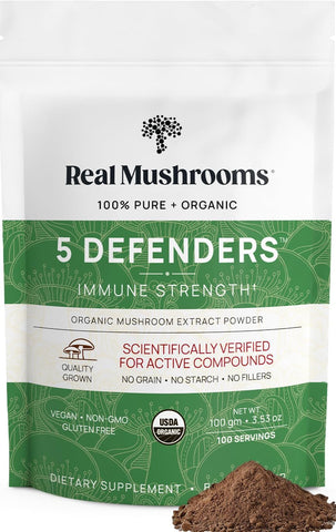 5 Defenders em Pó – Extrato de Cogumelo Orgânico com Chaga, Shiitake, Maitake, Turkey Tail | 100g - Real Mushrooms