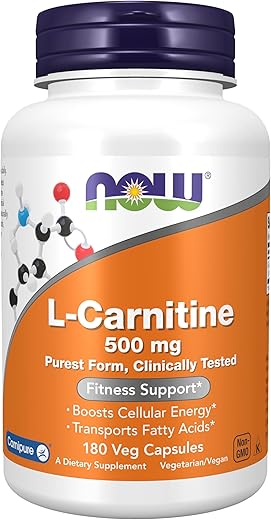 Suplementos, L-Carnitina 500mg, Forma Mais Pura, Aminoácido, Suporte para Fitness*, 180 Cápsulas Vegetais - NOW Foods