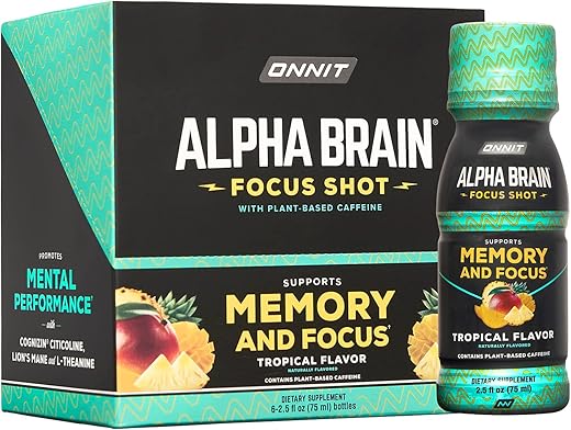 ONNIT - Onnit Alpha BRAIN Energy Shot – Bebida Energética para Foco, Energia, Humor e Redução do Estresse – Sabor Tropical (75 ml, 6 un)