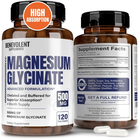 Benevolent Nourishment - Cápsulas de Magnésio Glicinato Premium 500mg Fórmula de Alta Absorção Quelato Glicinato Amortecido para Apoiar Digestão, Osso, Sono