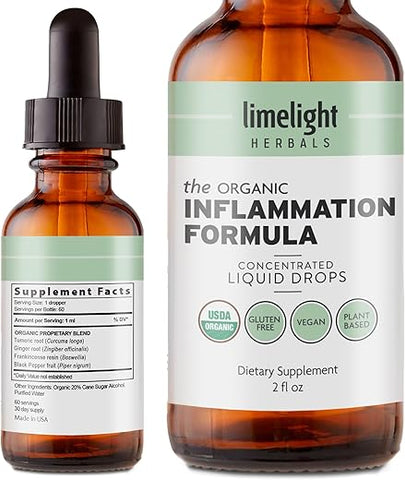 Fórmula Orgânica Avançada de Gotas Líquidas com Cúrcuma Concentrada, Boswellia, Gengibre, Pimenta Preta, Suporte Anti-inflamatório, 60ml - LIMELIGHT HERBALS